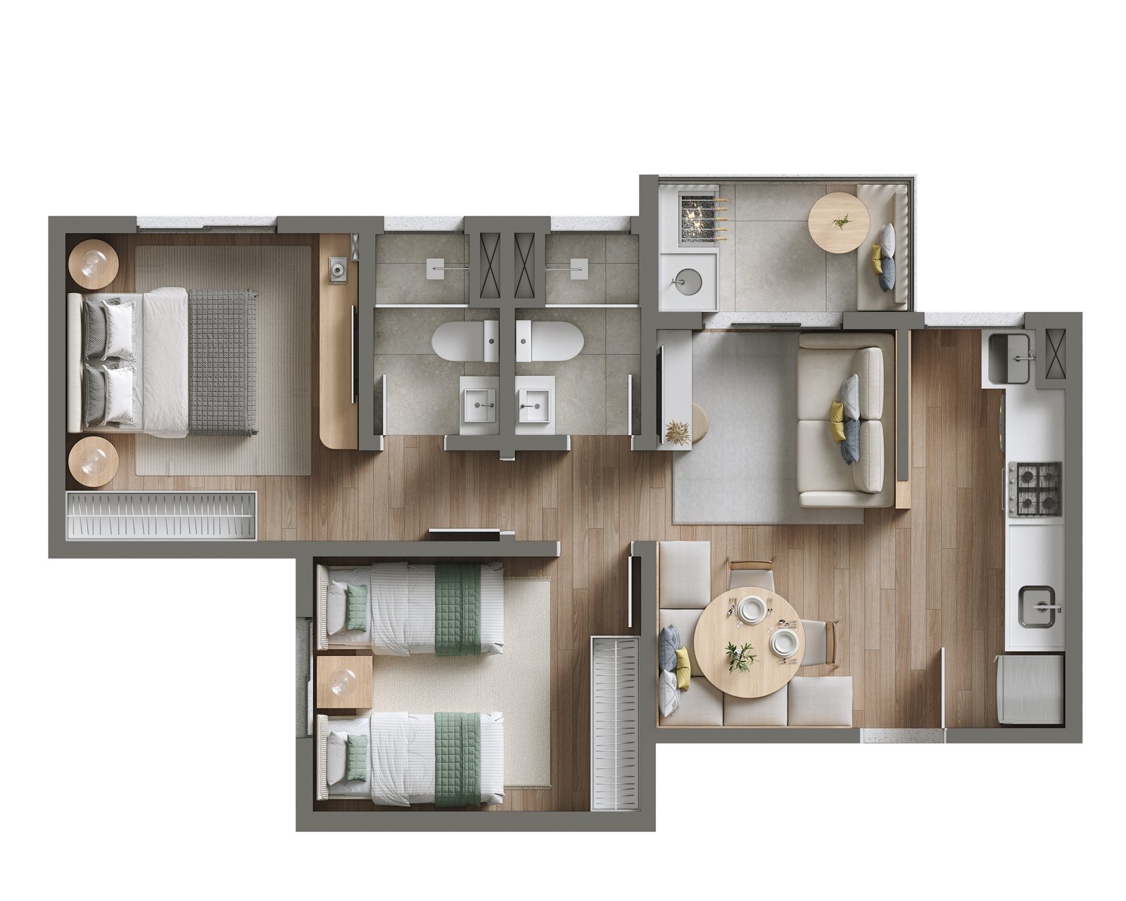 Planta Tipo 3 com suíte do Viva Parque Aura, 50,68 m²