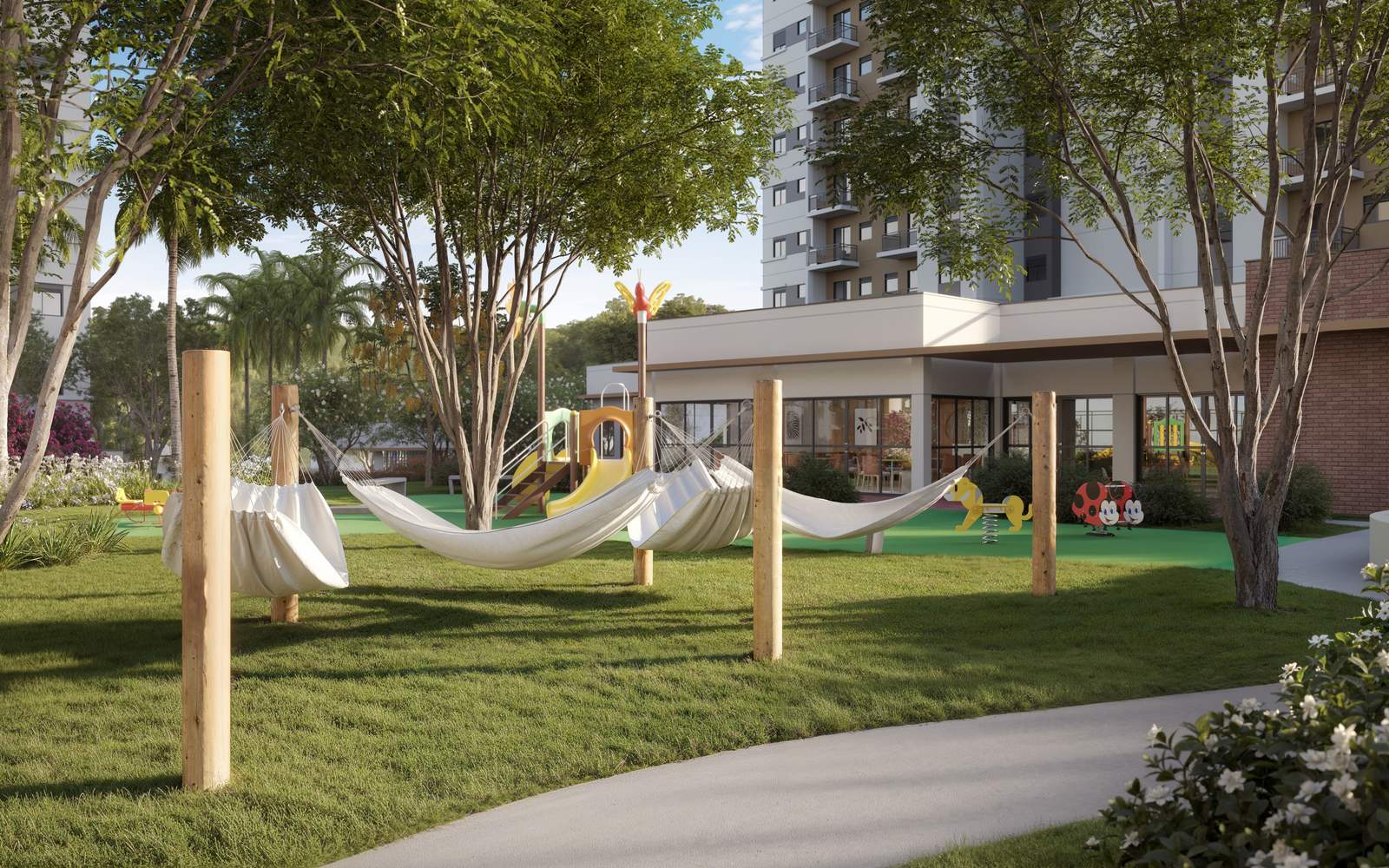 Redário sob as árvores do parque privativo do Viva Parque Aura (imagem ilustrativa)