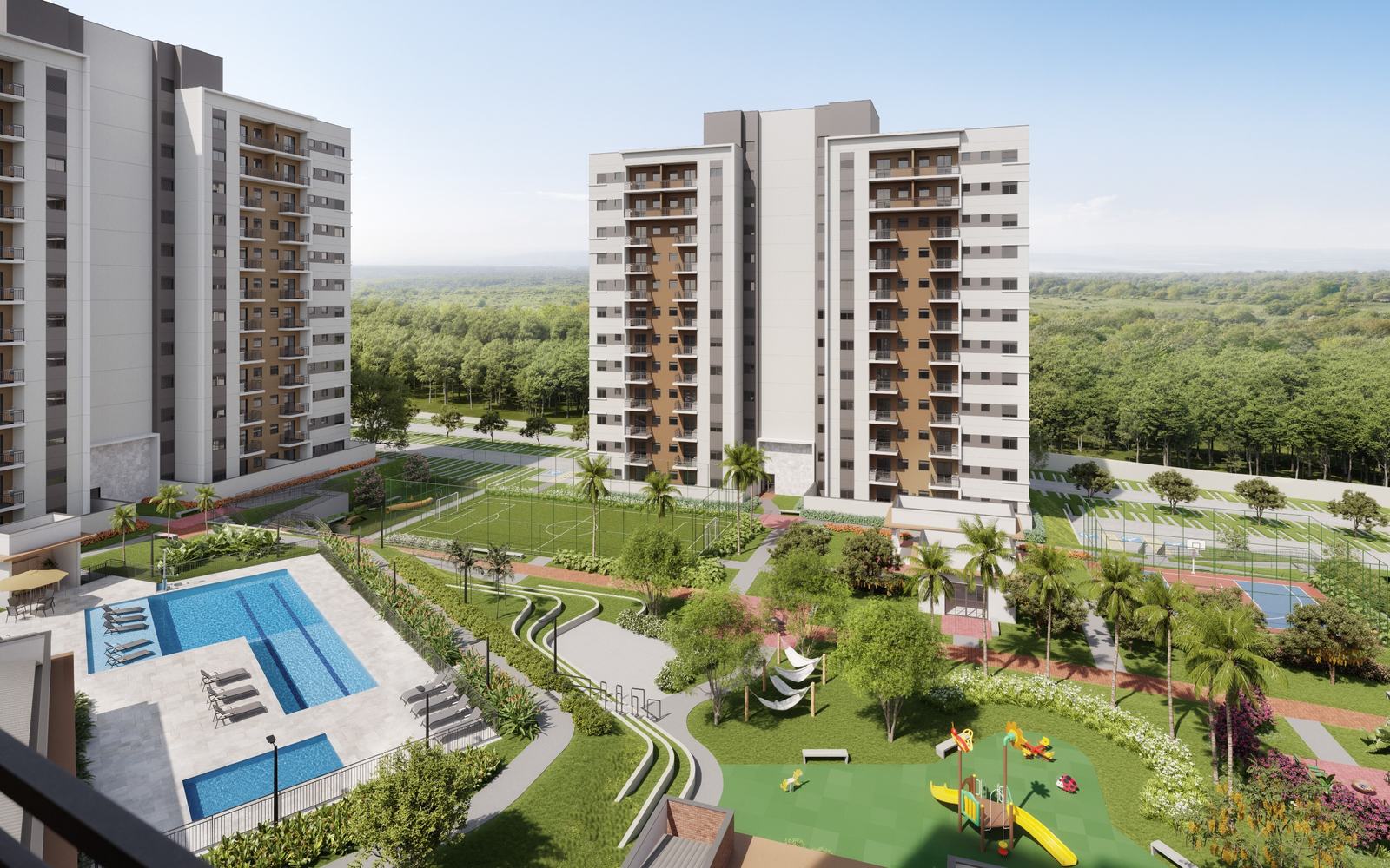 Vista da varanda gourmet de apartamento do Viva Parque Aura para o parque privativo (imagem ilustrativa)