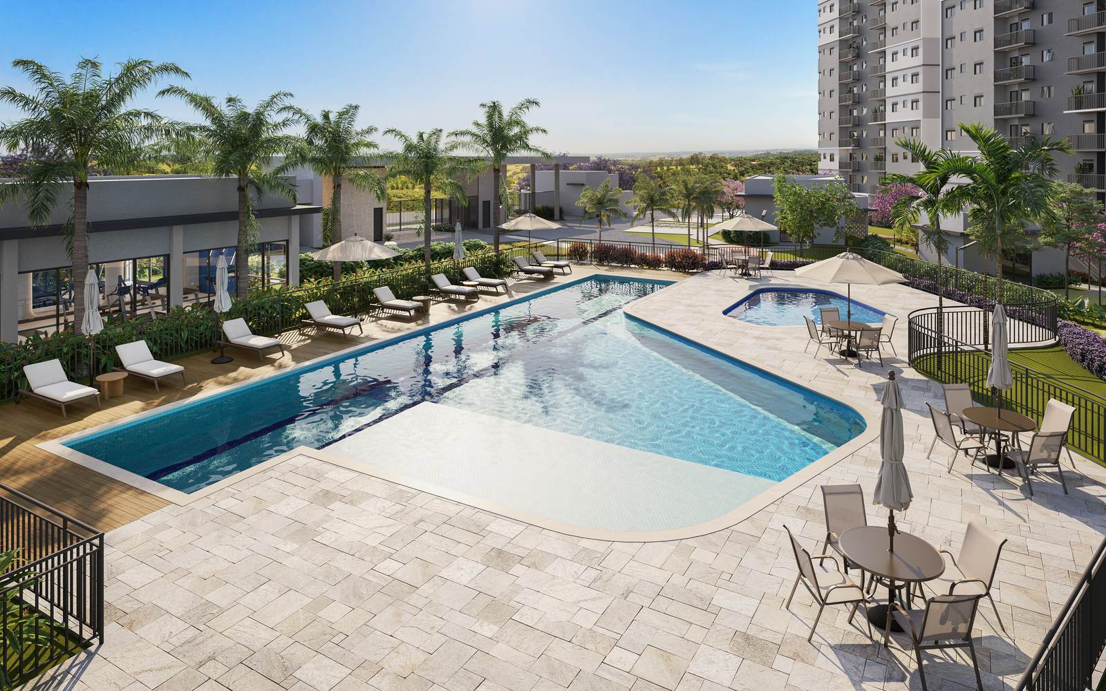 Piscina adulto com raia, prainha e piscina infantil do Viva Parque Sense