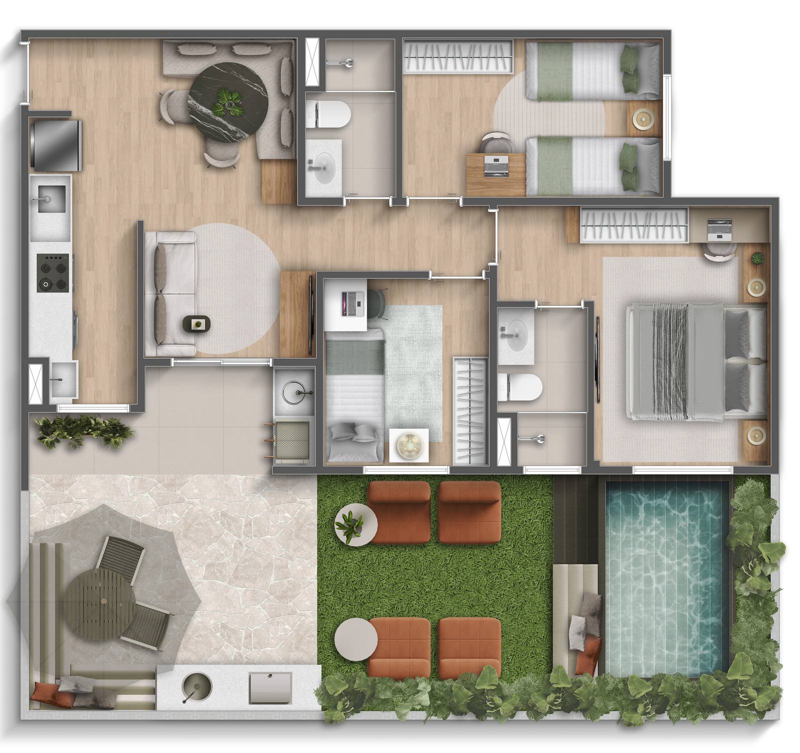 Planta do garden de 3 dormitórios com suíte, 95,99 m², Viva Parque Sense