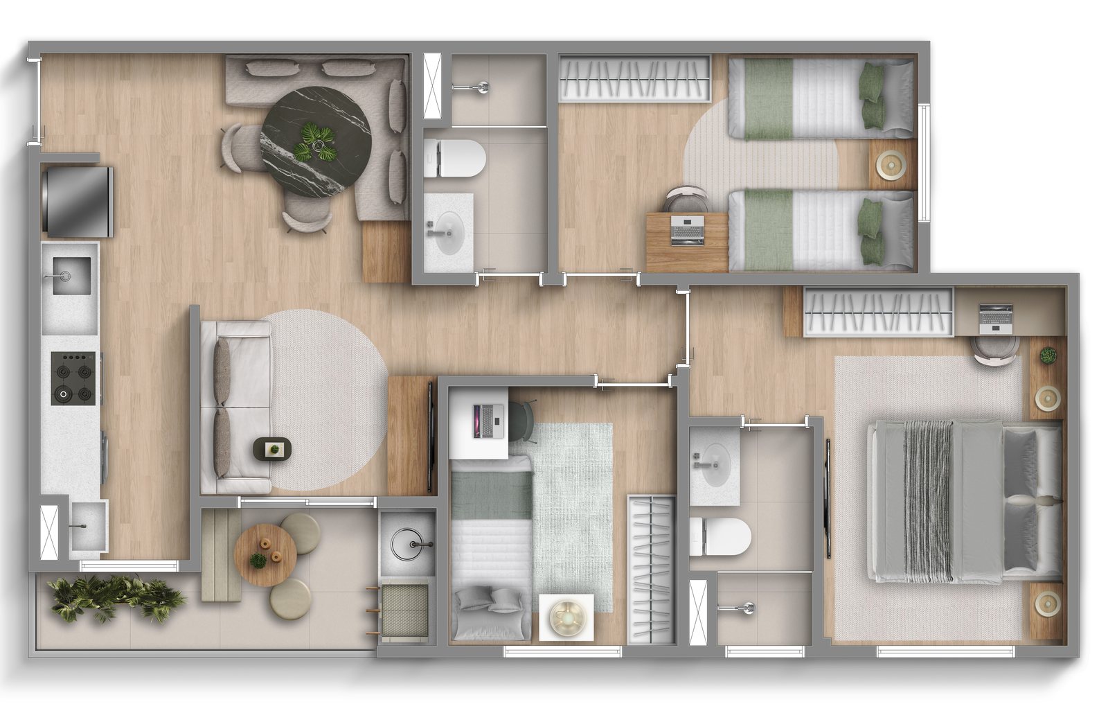 Planta do apartamento de 3 dormitórios com suíte e varanda gourmet, 59,93 m², Viva Parque Sense