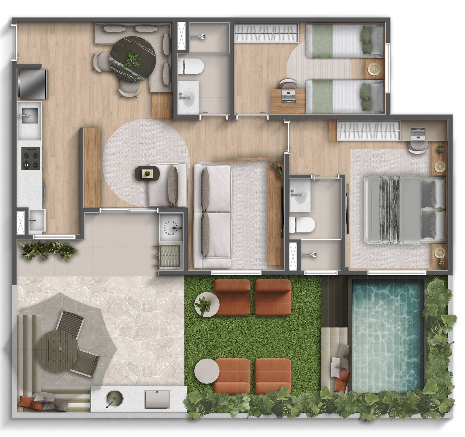 Planta living ampliado de 2 dormitórios com suíte e garden, 95,99 m², Viva Parque Sense