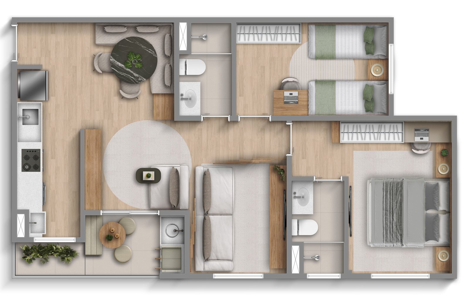 Planta living ampliado de 2 dormitórios com suíte, 59,93 m², Viva Parque Sense