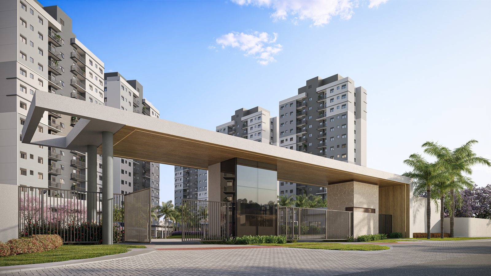 Portaria do Viva Parque Sense em Indaiatuba, com pele de vidro e paisagismo
