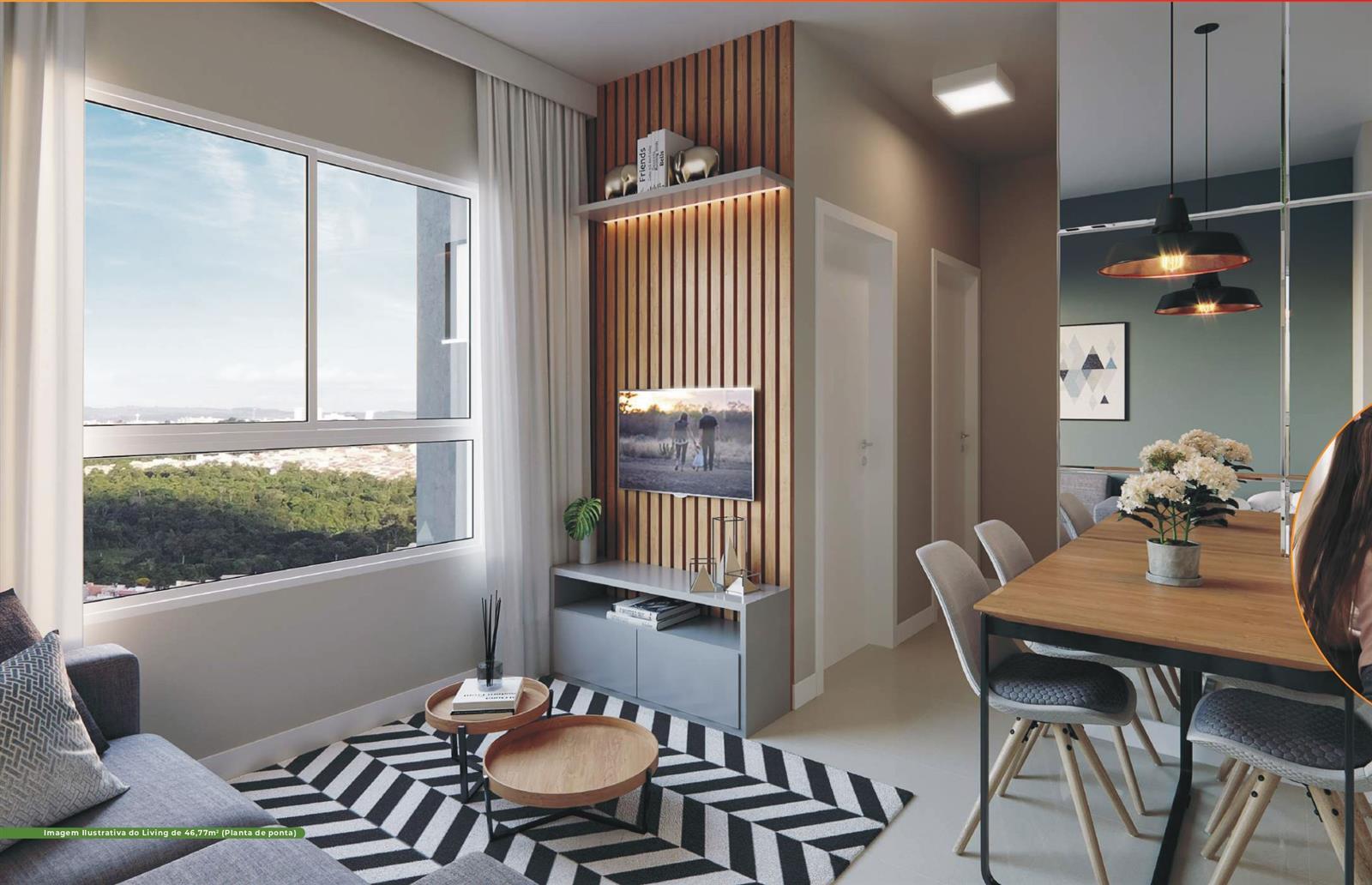 Living decorado do apartamento de 46,77 m²