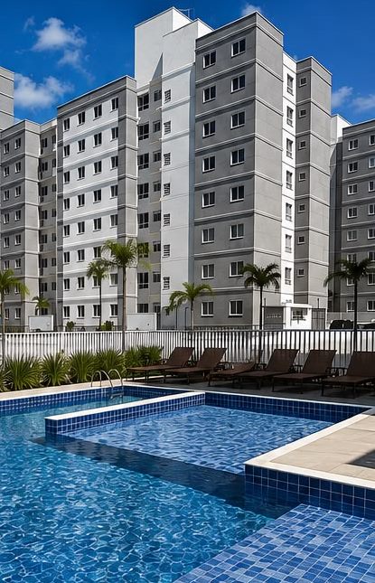 Vívere Residencial pronto — torres e piscina do condomínio em Indaiatuba